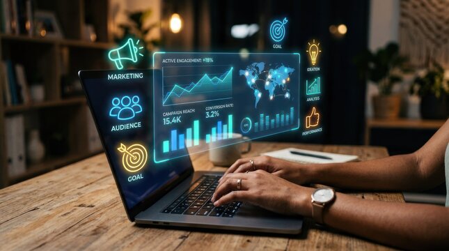 Digital Marketing Strategy and Analytics Dashboard on Laptop Screen.