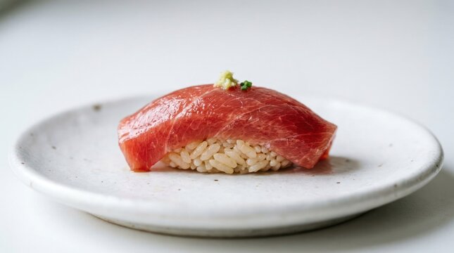 Delicious Tuna Nigiri Sushi on a White Plate.