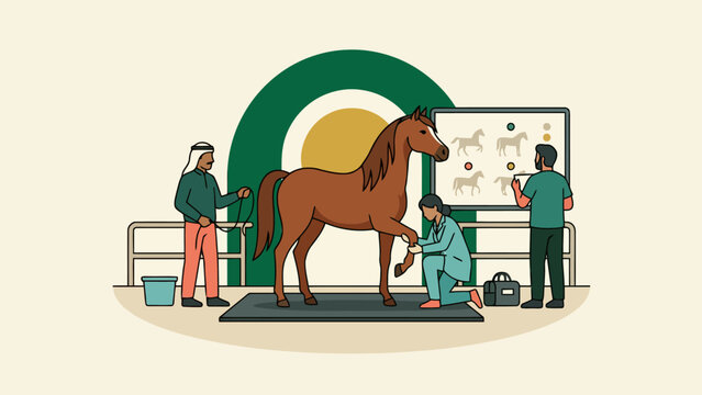 Veterinarians examining and grooming a horse in stable environment