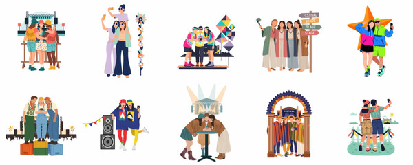 Fototapeta premium Set of flat illustrations featuring groups of friends enjoying music festivals, taking selfies, and having fun at outdoor concert events.