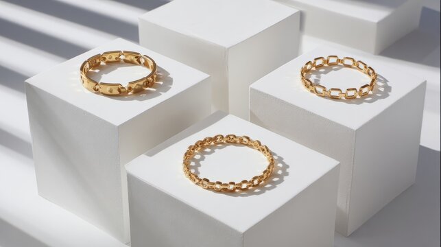 Three elegant golden bracelets displayed on white geometric paper cubes, luxury jewelry product presentation with minimal modern podium, premium fashion accessories isolated on clean white background 