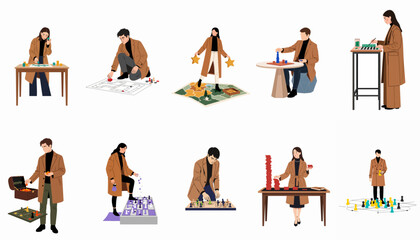 Fototapeta premium Flat vector illustration set of men and women in stylish coats playing various tabletop board games and strategy activities.