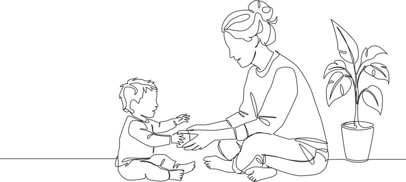 continuous line drawing of loving mother playing with toddler on floor, line art vector illustration