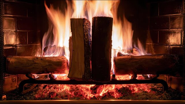 Close up of burning logs in a cozy indoor stone fireplace fire flame