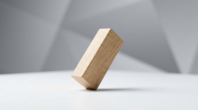 A rectangular wooden block balancing on its corner on a white table against a gray geometric background, symbolizing instability, risk, and precarious balance in a studio setting.