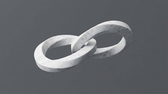Abstract 3D rendering of two interlocking twisted rings made of white marble texture with grey veining, floating against a solid neutral dark grey background, minimalist concept.