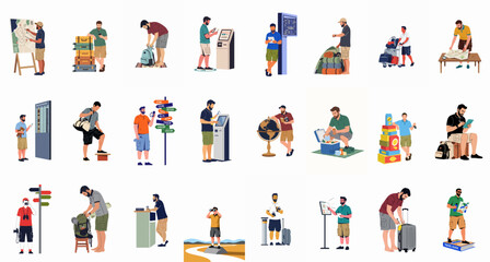 Fototapeta premium Set of flat illustrations depicting men in various travel and vacation scenarios, including packing, airport navigation, map reading, and outdoor exploration.