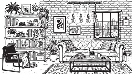 Industrial loft living room vector illustration, hand drawn interior with brick wall and chesterfield sofa, cozy home library with bookshelf and plants © Naveed
