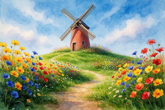 Old red brick windmill stands on green grassy hill. Field filled with vibrant colorful flowers under bright blue sky. Rural landscape path leads to historic mill. Artistic watercolor painting