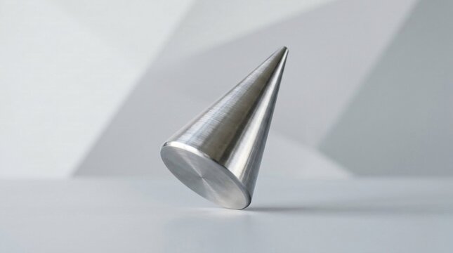 Brushed stainless steel metal cone balancing precariously on its circular base edge against a minimalist blurred geometric background, concept of precision and instability in a studio.