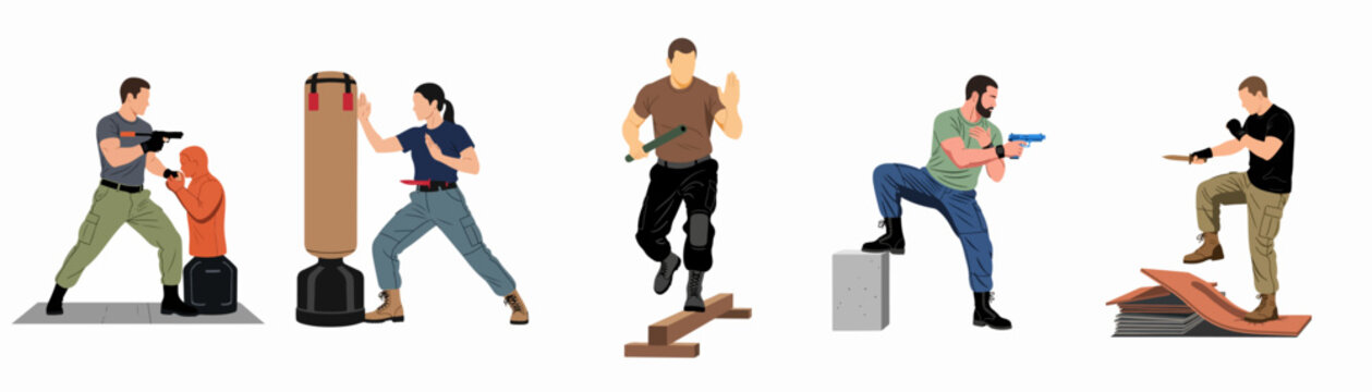 Vector illustration collection of various martial arts, self-defense, and tactical training scenarios featuring people using weapons, training dummies, and specialized equipment.