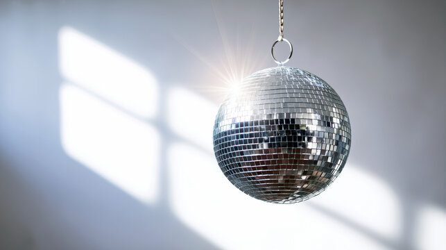 Silver mirror disco ball hanging with lights reflecting from the sun on white background as decorationd for a party 
