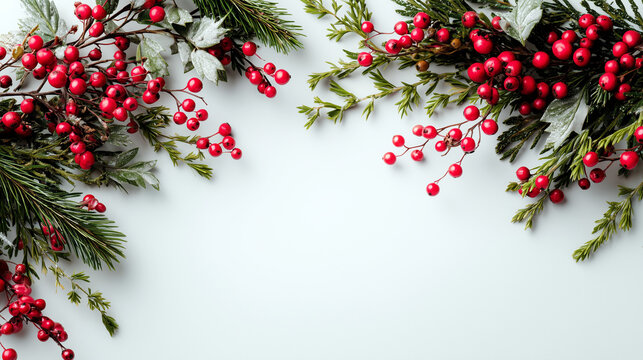 White christmas background with red rowanberry and pine tree branches forming a frame 