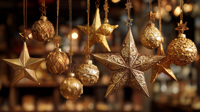 Golden christmas baubles, balls and stars hanging on bokeh blurred background with lights creating a festive atmosphere for the party
