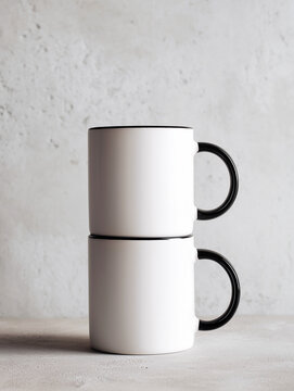 Two white blank ceramic cups with black handles stacked on a grey table
