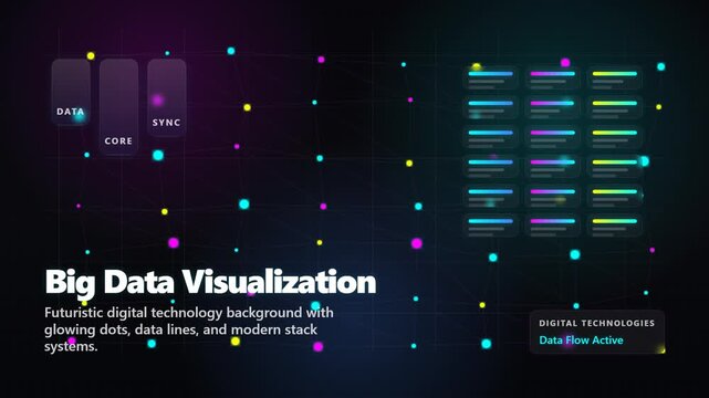 Big Data Visualization with futuristic digital technology background, glowing dots, data lines, and modern stack systems