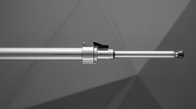 Close-up of a brushed aluminum telescoping tripod leg with a black flip lock mechanism and rubber foot, shown in an extended position against a minimalist grey geometric background.