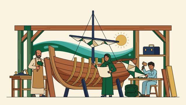 Artisans constructing a traditional boat in a vibrant workshop