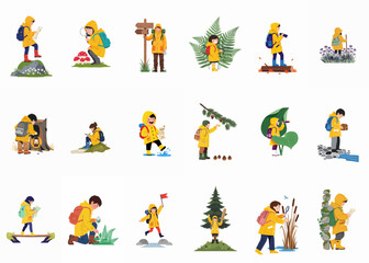 Fototapeta premium Set of illustrations depicting children in yellow raincoats exploring nature, hiking, and discovering the outdoors in a flat vector style.