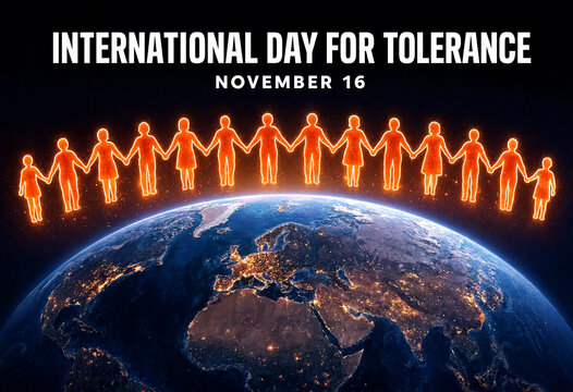 International day for tolerance celebration with glowing people holding hands around earth illustration