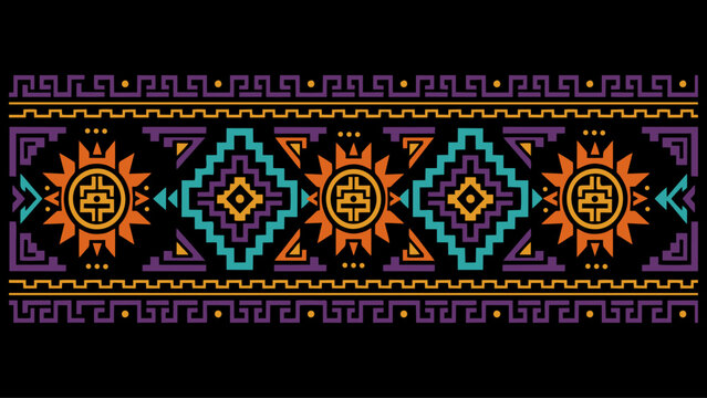 Aztec Inspired Geometric Tribal Border Pattern on Black Background