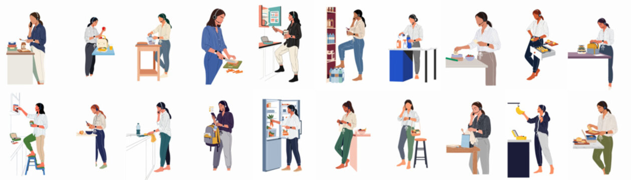 Vector illustration set of a multitasking woman working from home with a headset, preparing food, packing lunches, and organizing her kitchen routine.