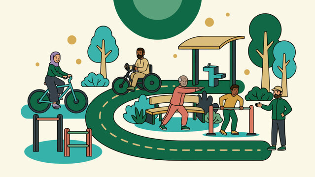 Vibrant park scene with people cycling and exercising in a community setting