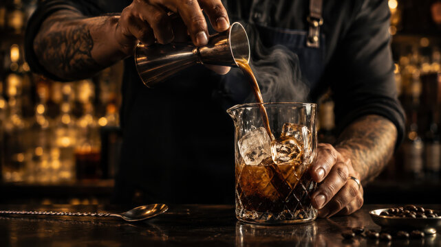 Bartender with tattoos pours dark liquid from a jigger into a glass filled with ice, showcasing a well-stocked bar with blurred bottles and warm lighting in the background
