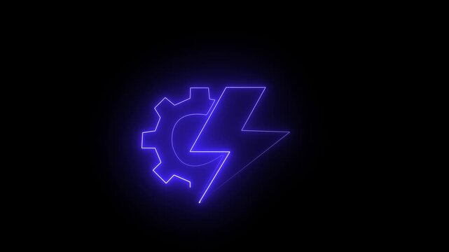 A beautiful neon setting icon color with shining. with animated glowing waves on black background. Neon rotating gear with power icon animation.