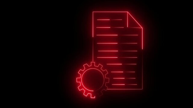 Animated neon document gear icon. neon note book icon concept. Animated red neon illustration of a document with gear