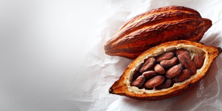 Cocoa pods with beans sliced showing brown beans on a wrinkled white paper