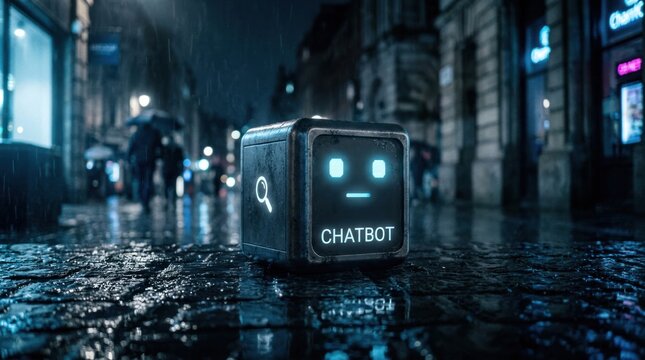 Futuristic Chatbot Robot on Wet City Street at Night.