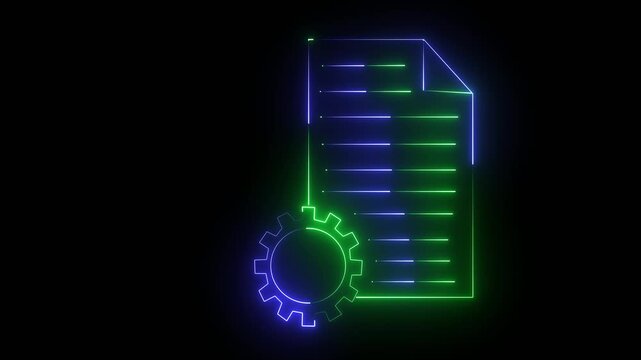 Animated neon document gear icon. neon note book icon concept. Animated green and blue neon illustration of a document with gear
