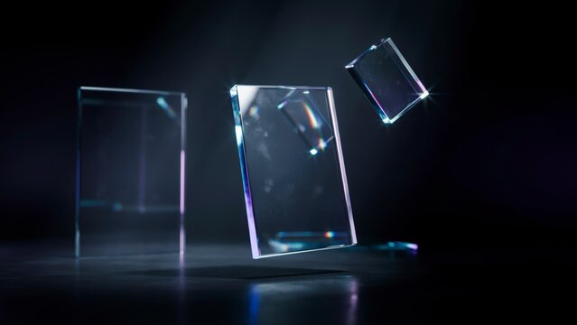 Floating rectangular glass panes with light refractions on dark background