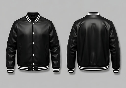 Black leather bomber jacket with stripes