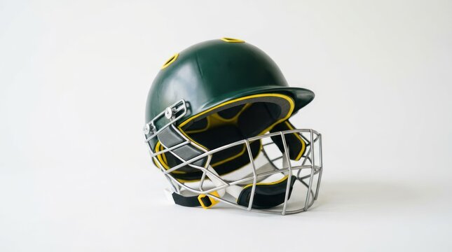 Green Cricket Helmet with Metal Face Guard on White Background.