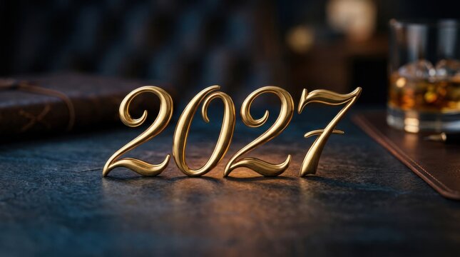 Golden 2027 Numbers on a Dark Textured Surface with Blurred Drinks.