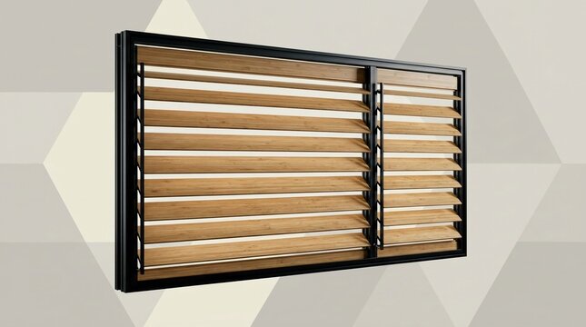 Modern bamboo window shutters with adjustable wooden louvers and a black aluminum frame, mounted on a grey geometric wall backdrop for contemporary interior design.