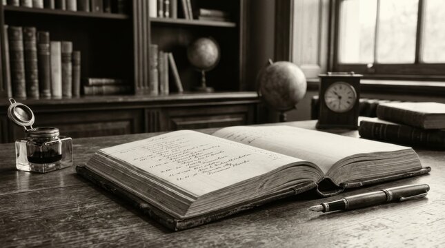 Vintage classic library desk with open antique manuscript book, fountain pen, and inkwell in sepia