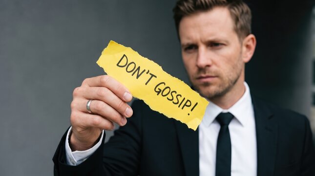 Professional holding yellow sign urging silence about office rumors with focused individual formal gossip against neutral neutral urban backdrop