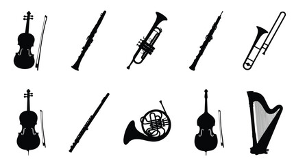 Classical musical instruments silhouette set, 10 orchestra icons including violin and trumpet, black vector symbols for concert posters © Shahzaib