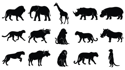 African safari animal silhouettes, 15 black wildlife vector icons, savanna fauna collection including lion elephant and giraffe for nature design © Shahzaib
