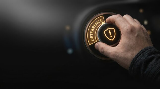 Human hand adjusting digital dial setting to maximum deterrence level with glowing shield icon