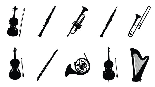 Classical musical instruments silhouette set, 10 orchestra icons including violin and trumpet, black vector symbols for concert posters