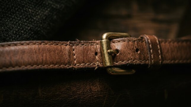 Close-up of a vintage brown leather strap with a weathered brass buckle and detailed stitching