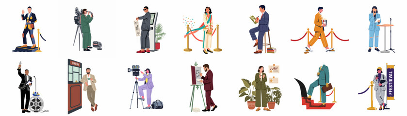 Fototapeta premium Diverse collection of flat characters involved in a film festival and movie awards ceremony, including actors, directors, camera operators, and red carpet attendees.