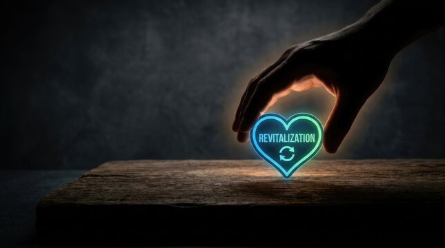 Human hand carefully placing a glowing heart symbol representing personal growth