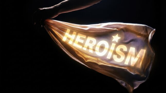 Human hand holding a glowing heroism cape against a dark background symbolizing bravery