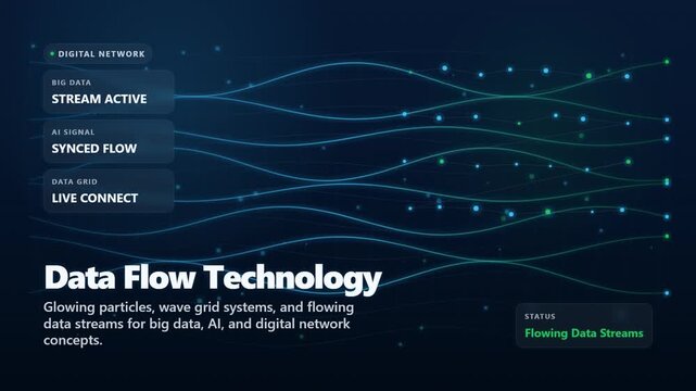 Data Flow Technology featuring glowing particles, wave grid systems, and flowing data streams for big data, AI, and digital network concepts