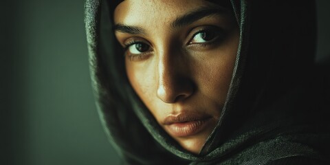 Naklejka premium Woman wearing head covering portrait dark moody lighting close up